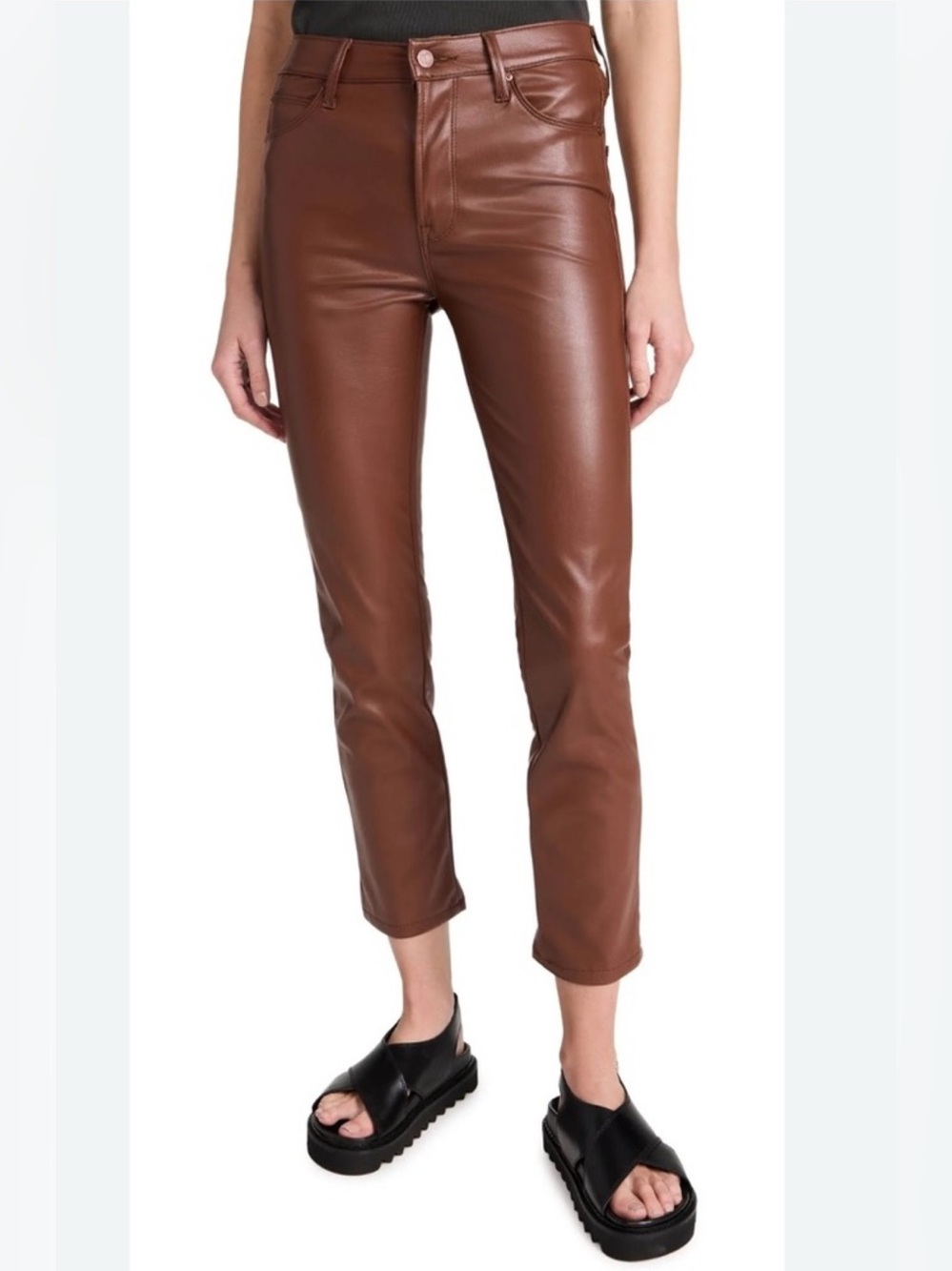 MOTHER The Mid Rise Dazzler Ankle Faux Leather Pants Brown Friar 27 Straight Leg